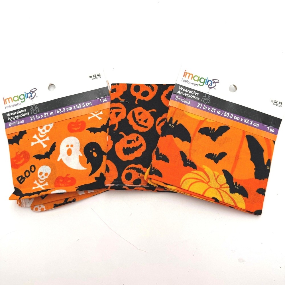 NEW Imagine Dog Pet Halloween‎ Bandana Lot 3 Pack Ghosts Pumpkins Bats 21x21